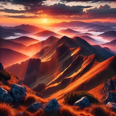 A breathtaking mountain landscape during sunset, vibrant colors, ultra-realistic
