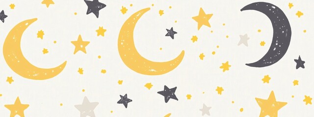 Fototapeta premium Cheerful moon and star patterned flat wrapping paper in vibrant yellow and soft gray, perfect for festive gift presentations and celebrations.