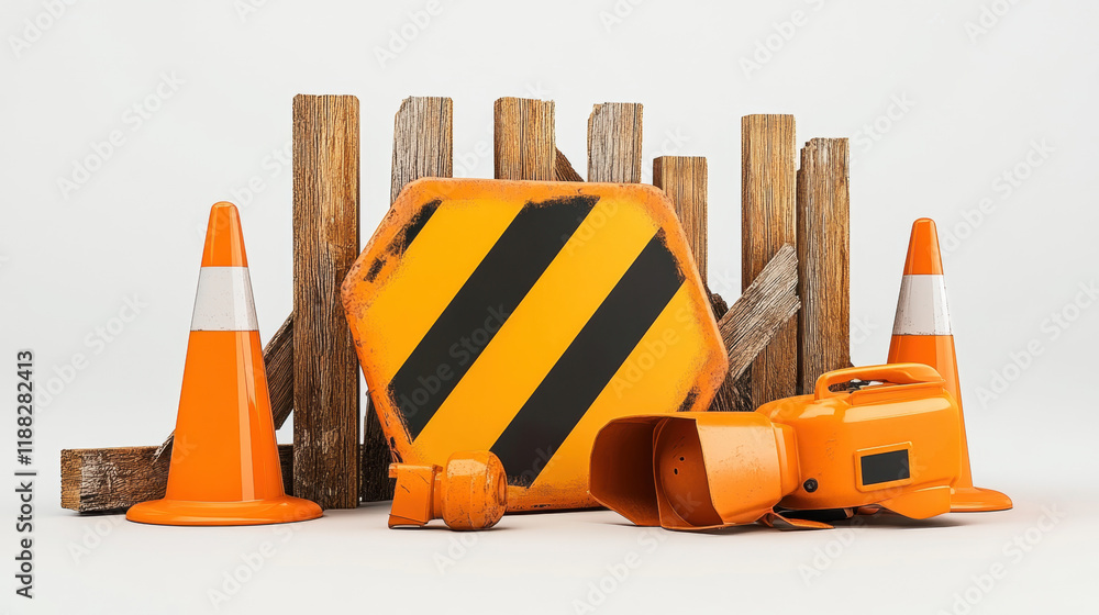 Poster safety aspects, a high-fidelity 3d rendering of a safety barrier and warning cone, showcasing detail