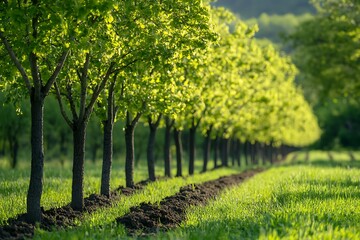 Fototapeta premium A row of trees in an orchard with dirt rows between the fruit trees, bright green grass, and sunlight, with the focus on the foreground