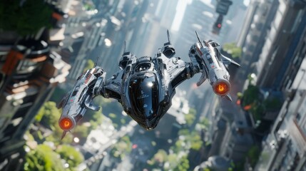 A futuristic spaceship flying above a high-tech cityscape with green and urban elements