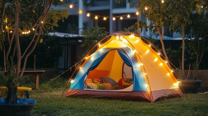 A colorful tent set up in a backyard with fairy lights, symbolizing family camping fun.