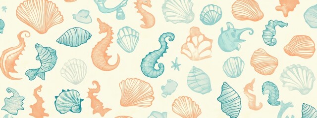 Pastel Doodle Sea Life Wrapping Paper, whimsical shells and seahorses create a playful, vibrant design perfect for gifts and crafts