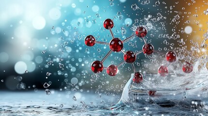 Red molecule structure surrounded by splashes of water and light effects