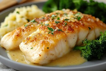 panggang walleye dengan kentang brokoli dan saus kaviar with generative ai
