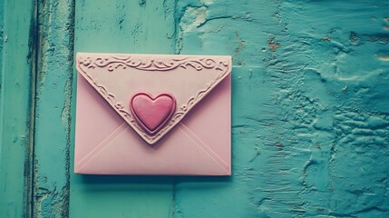 Pink Envelope Adorned With A Heart On Teal Wood