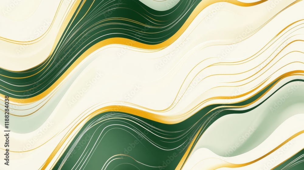 Poster abstract wavy line pattern in green and gold on a white backdrop, creating a dynamic and elegant vis