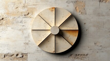 Fototapeta premium A circular, segmented design in neutral tones, featuring a central hub, mounted on a textured wall, embodying modern minimalist aesthetics.