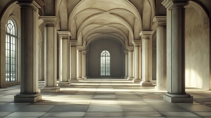 Sunlit classical hall with columns and arched ceiling.