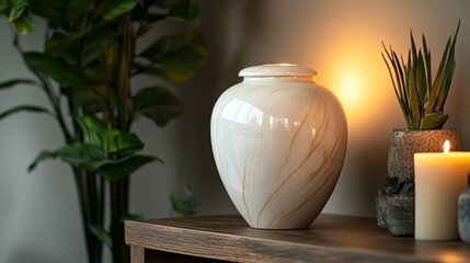 A beautifully crafted marble urn sits gracefully on a wooden table beside glowing candles, bringing warmth to the tranquil ambiance of the room filled with verdant plants.
