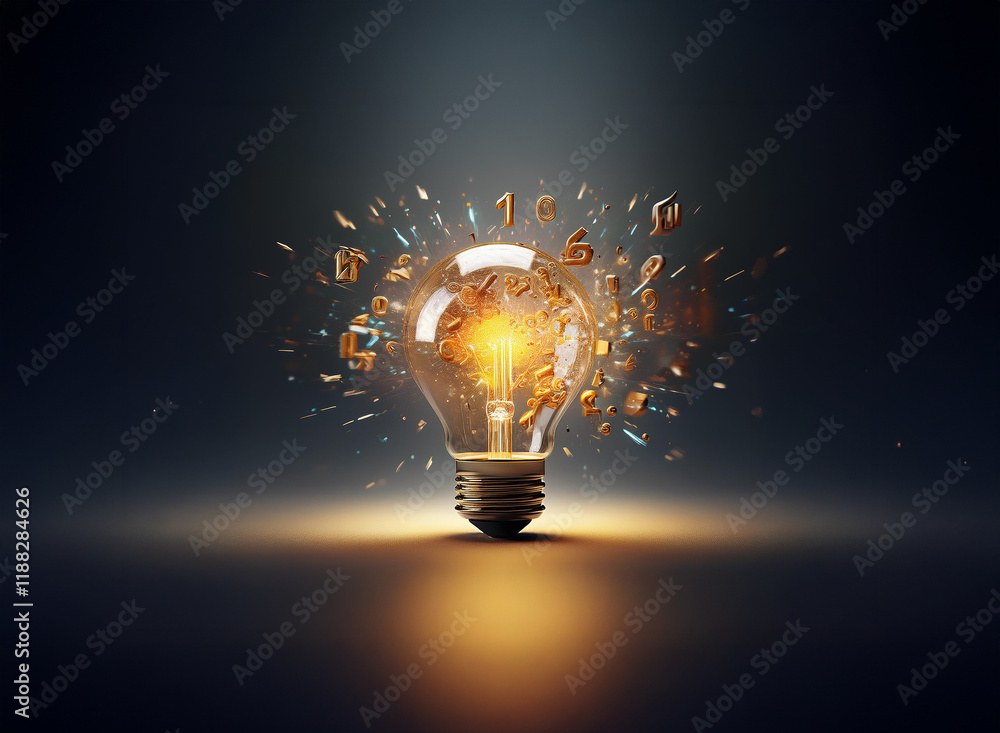 Poster a glowing lightbulb radiates, exploding with scattered numbers symbolizing a brilliant, innovative i