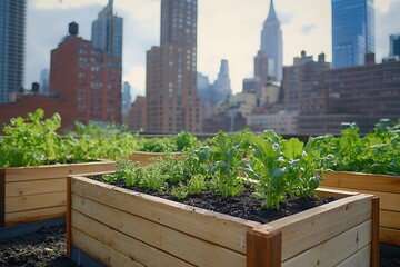Fototapeta premium Wooden raised beds filled with vibrant green vegetables and herbs