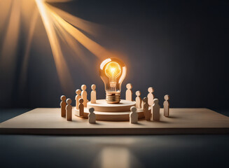 A glowing lightbulb illuminates a circle of small figures, symbolizing collective enlightenment and innovative thinking.  The scene is bathed in dramatic light.