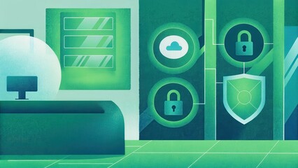 Cybersecurity Concept. A modern office scene featuring a desk, computer, and security icons highlighting cloud storage and data protection in vibrant green tones.