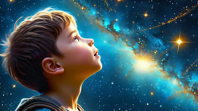 A little cute boy looks hopefully into the starry night sky, a little dreamer and inventor.