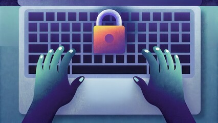 Cybersecurity Concept. An illustration of hands typing on a keyboard, with a padlock symbol above, representing cybersecurity and data protection.