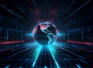 A translucent Earth globe sits at the center of a vibrant, futuristic grid, radiating light and energy.  Digital streams converge, suggesting global connectivity and technological advancement.