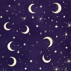 Naklejka premium Cosmic Celebration Wrap, flat gift wrap featuring scattered silver stars and crescent moons on a deep purple canvas, perfect for festive occasions