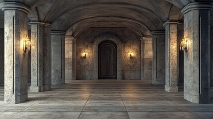 Fototapeta premium Dark, gothic hallway with stone columns, arched ceiling, and ornate door.