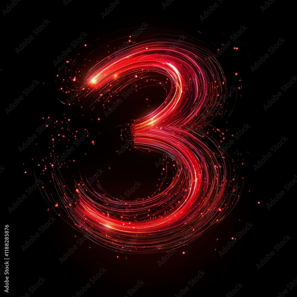 Aufkleber glowing red number three with dynamic light streaks on black background
