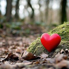 Fototapeta premium vibrant red heart rests on mossy stone in serene forest setting, surrounded by fallen leaves and natural light