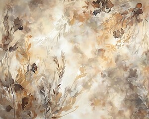 Large canvas featuring an abstract floral painting with dry plants in earthy brown, beige, and white tones. Watercolor technique.