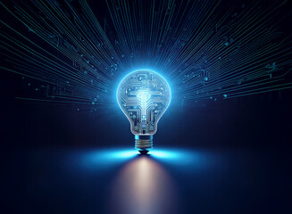 A glowing lightbulb, its filament replaced by a circuit board, radiates energy against a dark background of digital streams.  It symbolizes innovation and technological advancement.