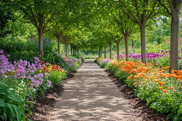 Beautiful, tree-lined path in the flower garden with colorful flowers and green trees.