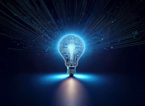 A glowing lightbulb, its filament replaced by a circuit board, radiates energy against a dark background of digital streams.  It symbolizes innovation and technological advancement.