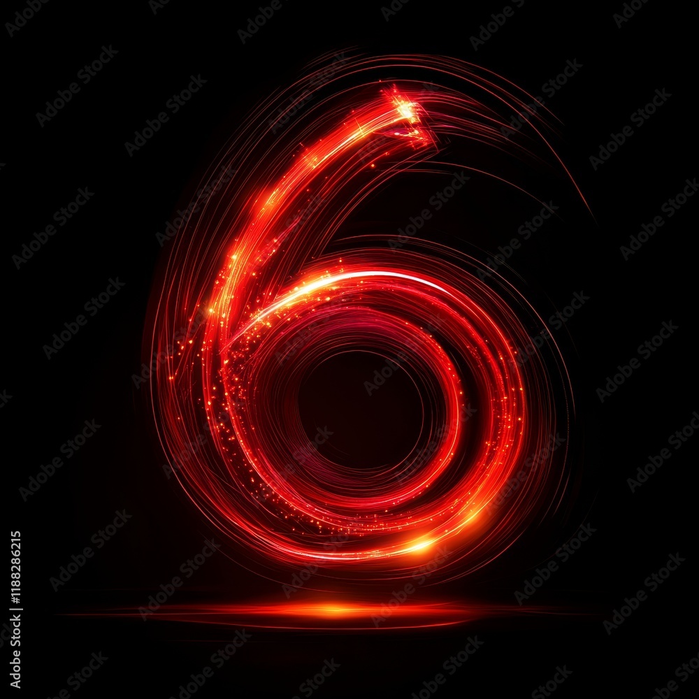 Poster glowing red number 6 in dynamic brushstroke light effect on dark background