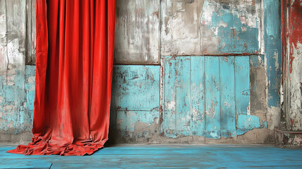 Vintage abstract interior backdrop with a red curtain and worn blue wall, featuring peeling paint and a shabby-style design. Perfect for photoshoot settings with vintage aesthetics, rustic charm, and 