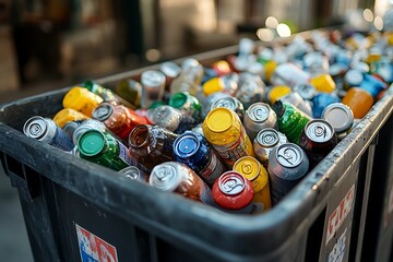 An open gray plastic bin filled with used drink cans, various colors and types of beverages inside the garbage can