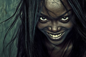 Gorgeous smiling black girl - for ads, brochure and social networks use. Commercial ad campaign idea artwork. Long haircut - highlighted hair. Professional black models. Black hair glamour.