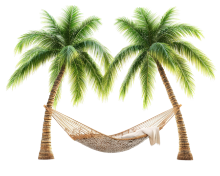 hammock tied between two palm trees creates serene tropical scene, perfect for relaxation and leisure. lush greenery enhances tranquil atmosphere
