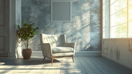 Sunlit room with armchair, plant, and textured wall.