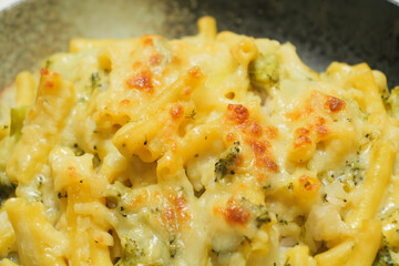Gratin (doria) made with vegetables, macaroni, cheese and rice. Looks warm and delicious