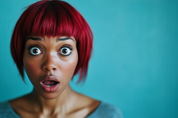 Fototapeta premium Commercial digital ads design idea. Stunning very amazed black girl - for ads, advertisement and internet marketing use. Short haircut - red hair. Elegant black hair. Advertising concept.