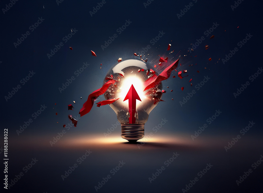 Poster a lightbulb shatters, revealing a red arrow pointing upward, symbolizing a breakthrough idea and upw