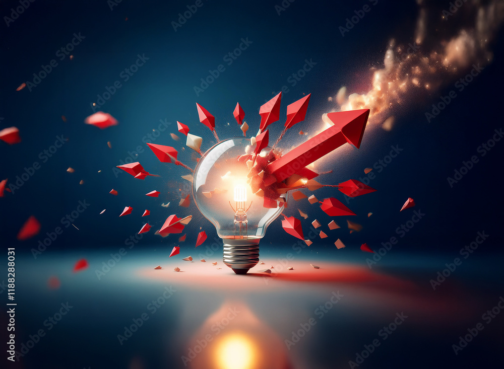 Poster a lightbulb explodes with red arrows bursting outward, symbolizing a powerful breakthrough idea and 