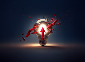 A lightbulb shatters, revealing a red arrow pointing upward, symbolizing a breakthrough idea and upward trajectory.  The shards are red and metallic, suggesting power and innovation.