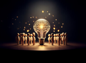 Glowing lightbulb shaped like a tree illuminates a circle of small wooden figures, symbolizing shared knowledge and growth. A shower of golden sparks adds to the magical ambiance.