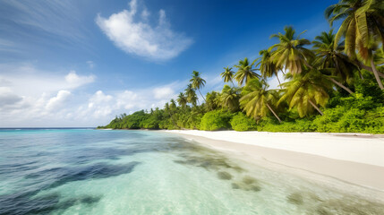 Tropical beach paradise, idyllic white sand, turquoise water, palm trees, sunny sky, travel advertisement
