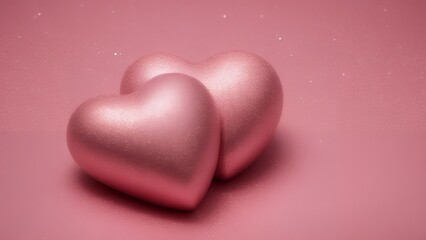 Fototapeta premium Two Hearts on Pink Glitter with Shiny Background - Valentine's Day Concept Vibrant Love-Themed Design Microstock