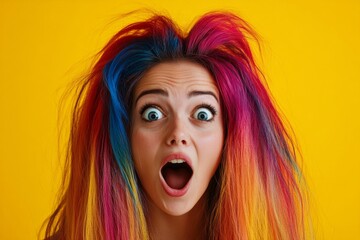 Commercial promotion creative. Long haircut - multicolored hair. Pretty very amazed mixed-race girl - for ads, road poster and internet marketing banner use. Vibrant colored art.