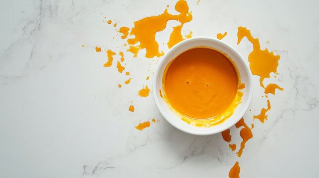 A vivid orange sauce spills from a white bowl, creating an artistic pattern on a sleek marble countertop. The playful mess showcases a creative cooking endeavor filled with spontaneity.