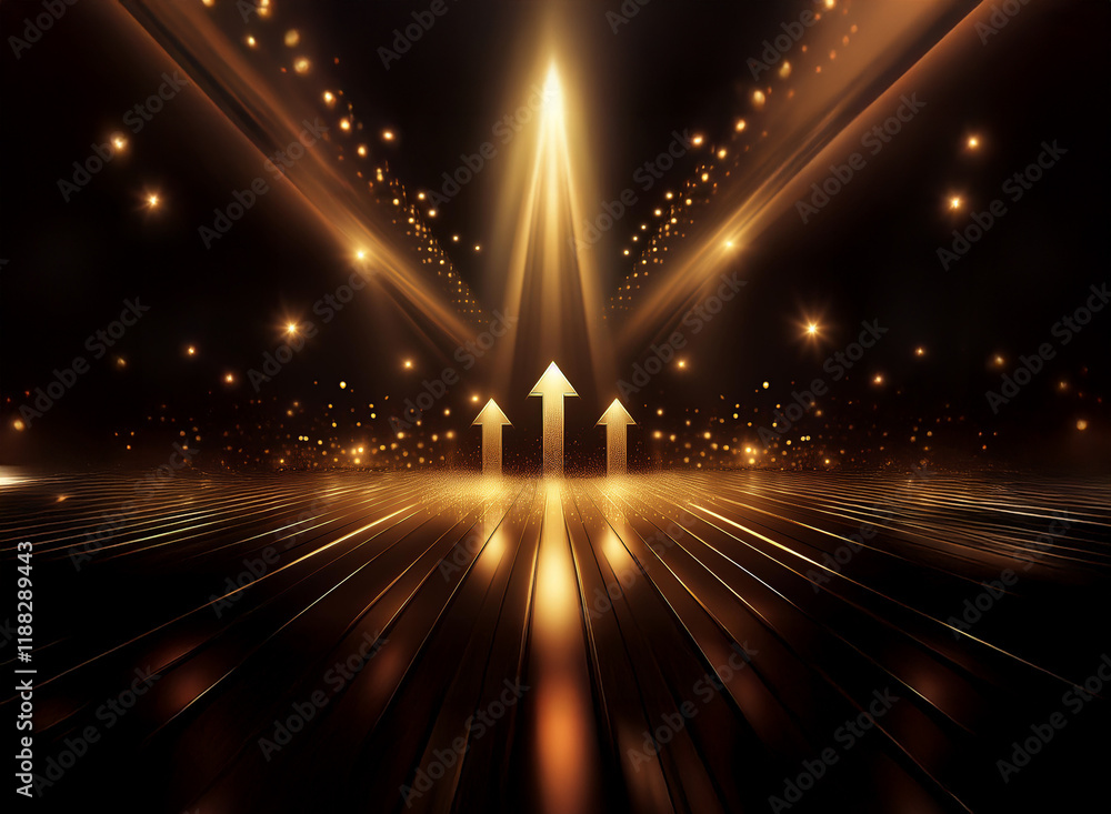 Poster golden light beams converge on upward-pointing arrows, creating a shimmering, reflective path in a d