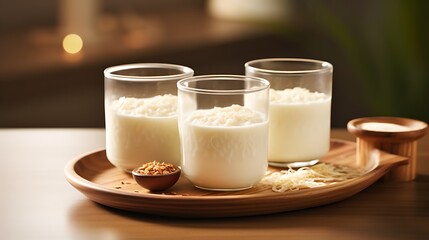 Two glasses of milk on a wooden table with rice in the background
