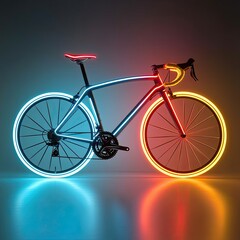 Fototapeta premium Isolated on white, neon light photography of a sleek racing bicycle with glowing red and blue highlights