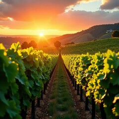 Naklejka premium Warm orange hues dance across the vineyard landscape as sunset approaches, casting a golden glow over the lush green rows of grapevines , wine country, sonoma