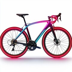 Fototapeta premium Isolated on white, neon light photography of a sleek racing bicycle with glowing red and blue highlights